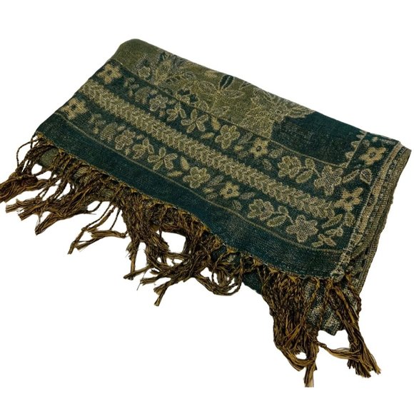 F.C Womens Vintage Scarf/Shawl Green with Gold Detailing Floral pattern Fringe S - Picture 4 of 8